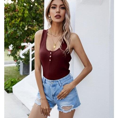 IMucci Women Cotton Tank Tops Woven Solid Regular High Street Camis Button Deco