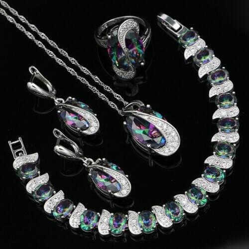 Mystic Rainbow Cubic Zirconia White CZ 925 Silver Jewelry Sets for Women Party Necklace/Earrings/Pendant/Ring/Bracelet