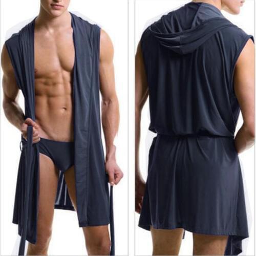 Popular European Men s Bathrobe Comfortable Ice Silk Men s Hooded Sleeveless Bathrobe Male Bathrobe