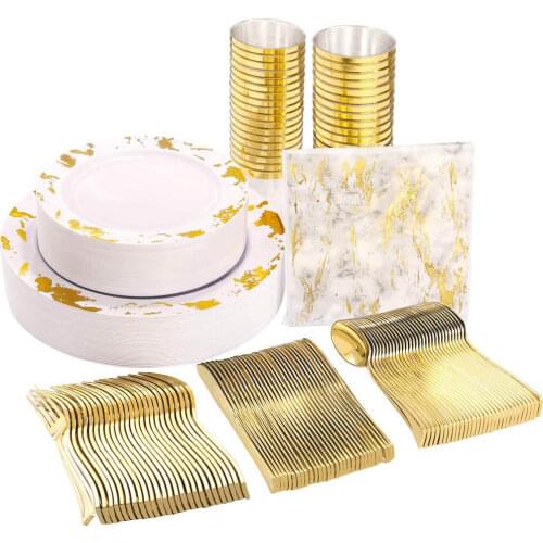 Disposable Tableware Set 175Pcs Marble Pattern and Golden Plastic Silverware 25 People Set Suitable for Weddings and Parties