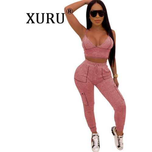 XURU autumn new womens jumpsuit two-piece European and American sexy straps deep V-neck straps jumpsuit suit