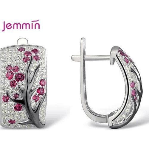 Romantic Cubic Zirconia Flower 925 Sterling Silver Plum Tree Branch Hoop Earrings Korean Style Shiny Wedding Party Jewelry