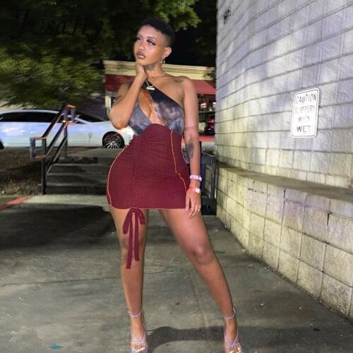 JusaHy Sexy Patchwork One-Shoulder Y2K Bodycon Mini Dress Women Sexy Hollow Pleated Sleeveless Party Clubwear Summer Clothing