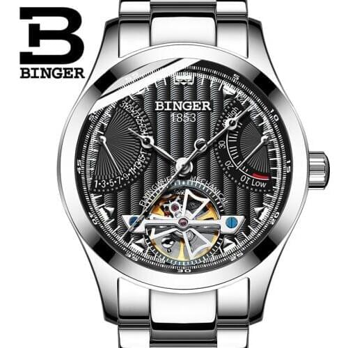 Switzerland Automatic Watches Men Luxury Brand Clock BINGER Sports Skeleton Mechanical Wristwatches Power Display 2019 Black