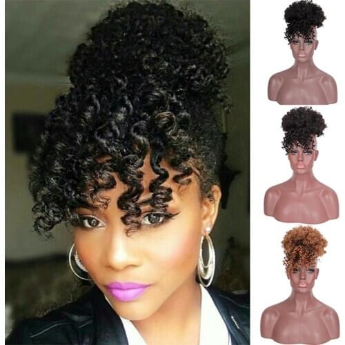 DIANQI Synthetic Black Bun Short Fluffy Kinky Curly Chignon Bangs Extensions Afro African Hairpieces Extension