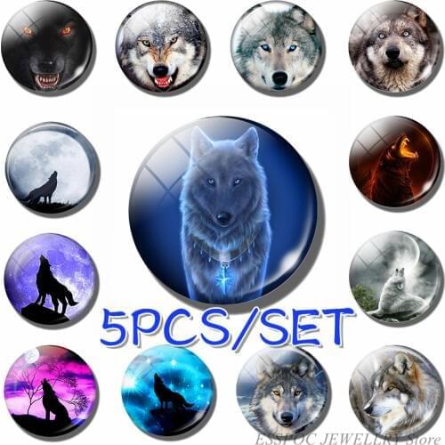 5PCS/SET Vintage Wolf Howling At The Moon Jewelry 25mm Glass Cabochon Making Fashion Accessories Men Women Gifts