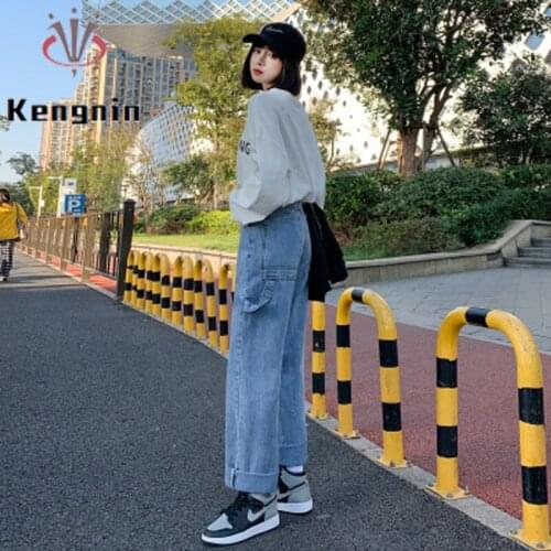 Loose Denim Women Trousers 2021 Spring Autumn Cowboy Wide Leg Pants Pockets Blue Straight Capris Casual Female Pants KN149