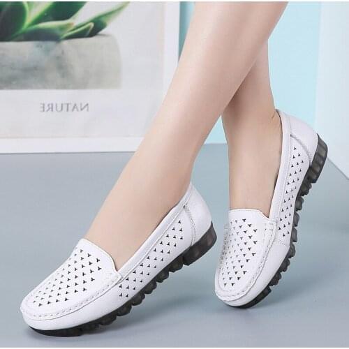 Casual Womens Flats Genuine Leather Shoes Hollow Out With Low Heels Slip On Ladies Loafer Soft Sole Nurse Ballerina Shoes PW100