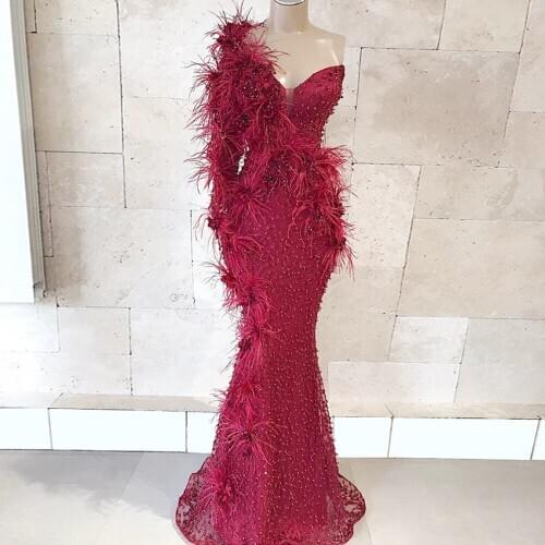 2020 Sample Wine Red One Shoulder Long Sleeves Party Dress Mermaid Beading Embroidered Lace Ostrich Feather Formal Evening Dress