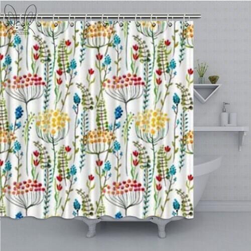 Doodle Style Flowers Blossoms Bathroom Curtain Floral Waterproof Shower Curtain Polyester Fabric Bathing Cover Shower Sets