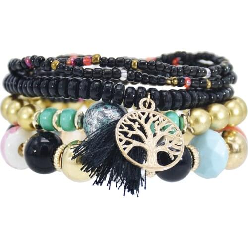 Women Bohemian Jewelry Multilayers Elastic Bracelets Bangles With Tree Tassel Acrylic Beads Charm Wrap Bracelet Femme Party Gift