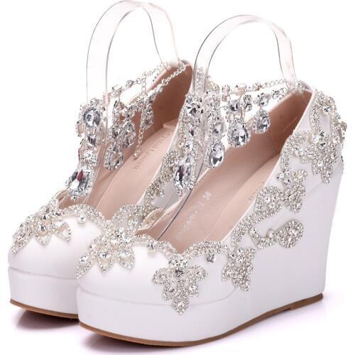 Silver crystal white wedding shoes super high heel with platform height increased women pumps rhinestone tassle for bridesmaid