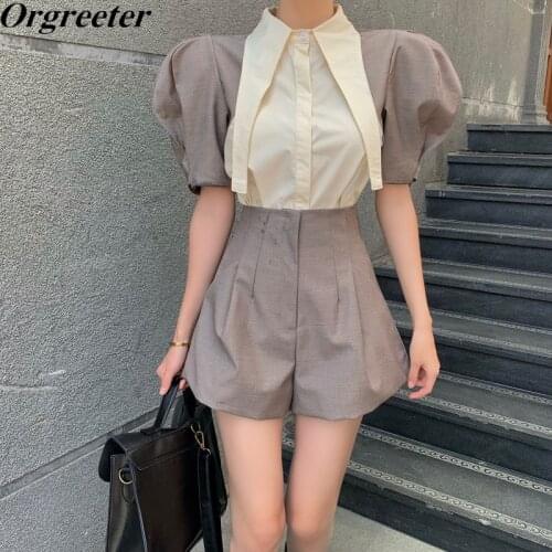 Short Blouse With High waist Shorts 2 piece set Female Summer New Vintage Chic Lapel Puff sleeve Patchwork Shirt Tops For Women