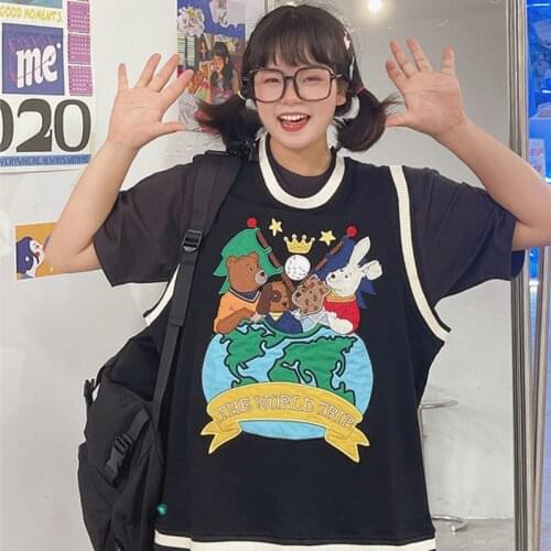 Harajuku Cartoon Bear Embroidery Jacquard Knitted Pullover Women Casual Sweater Vest 2021 Spring Sleeveless O-neck Girl Tops