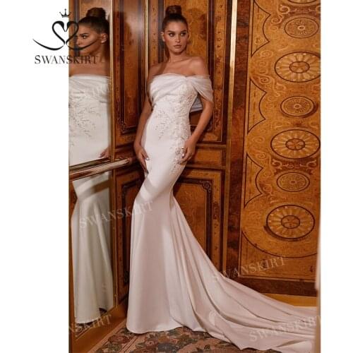 Off Shoulder Sleeveless Wedding Dress 2022 Beaded 3D Flowers Satin Mermaid Princess Vestido De Novia SwanSarah P178 Bridal Gown