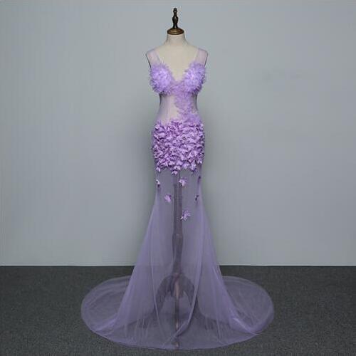 Fashion Purple Flowers Mesh Sleeveless See Through Long Dress Womens Bar Prom Clothes Nightclub Women Singer Dance Show Dress