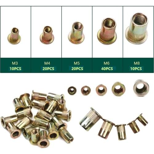 100PCS Color-Plated Zinc Plated Rivet Nuts Flat Head Threaded Rivet Insert Nutsert Rivet Nut Assortment Kit M3/M4/M5/M6/M8