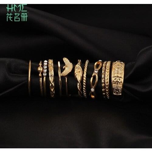 12pcs/set Simple Style Ancient Gold Ring Set Crystal Ring Wrapped Knot Carving Ring Gold Color Ring For Women Jewelry