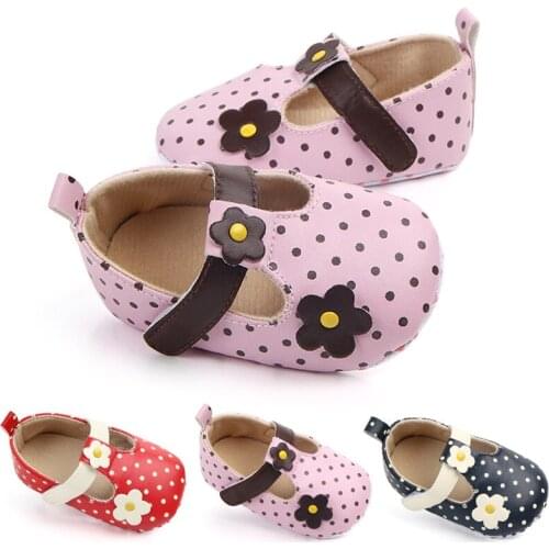 2021 Polka Dot Flower Newborn Toddler Shoes Mary Jane Moccasin Cute Girl Moccasin PU Leather Crib Shoes Spring Autumn