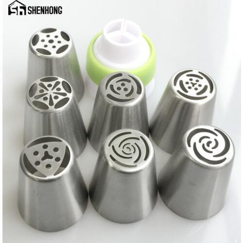 7PCS Russian Icing Piping Tips + 1 Adaptor Converter Stainless Steel Cake Decorating Nozzles Pastry Kitchen Accessories Tools