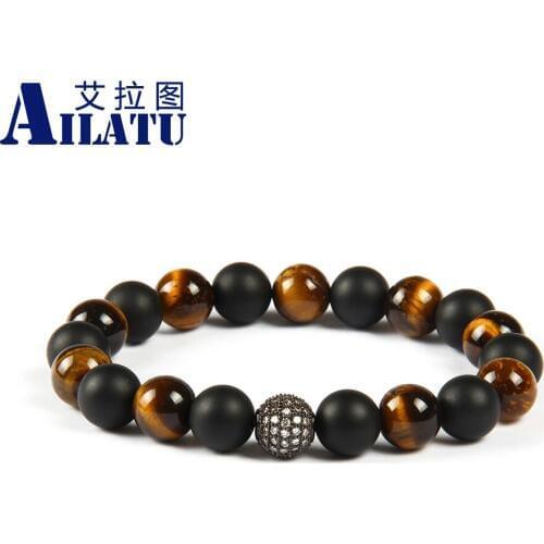 Ailatu Natural Life Bracelet 10mm Matte Onyx & Tiger Eye Stone Beads with Micro Paved Clear Cz Mens's Powerful Jewelry