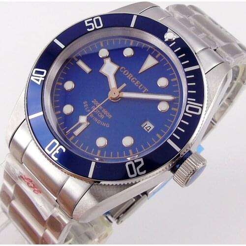 NH35A/Miyota 8215 Movement Corgeut 41mm Sapphire Automatic Mens Watch Blue/Green Lume Dial Hands Aluminum Bezel 316L Bracelet
