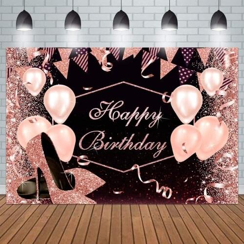 Glitter Rose Gold Women Girls Happy Birthday Party Photography Backdrop Sparkle Sequin Balloon High Heels Background Banner