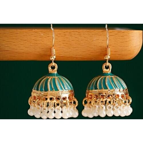Bohemia Gypsy Retro Gold Earring For Women 2020 Green Color Imitation Pearls Beaded Earrings Turk Jhumka Indian Jewelry