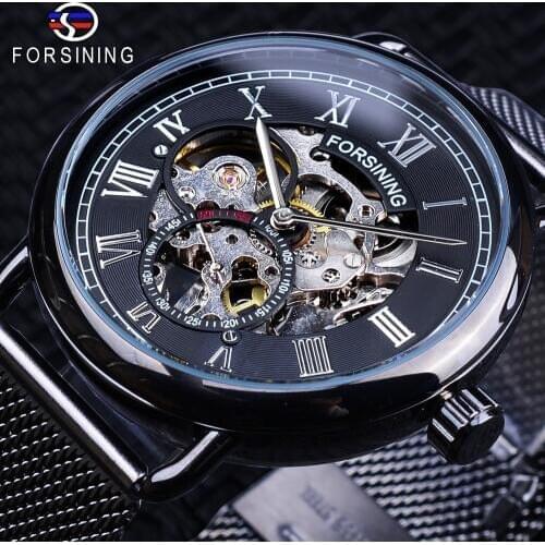 Forsining 2018 Black Silver Skeleton Clock Mesh Band Design Waterproof Mens Mechanical Watches Top Brand Luxury Montre Homme