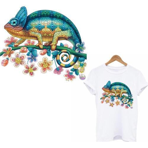 Colorful Chameleon Applique Stickers Iron On Transfer For Clothing Cartoon Animal Thermo-stickers On Clothes T-shirt Stripe DIY