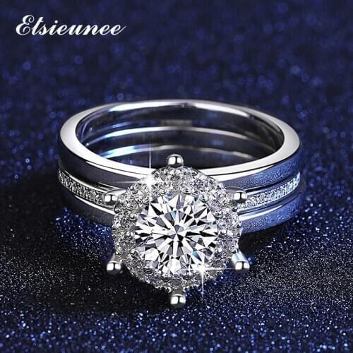 ELSIEUNEE 100% 925 Sterling Silver 1CT Moissanite Ring Lab Diamond Bridal Sets Wedding Engagement Rings For Women Fine Jewelry