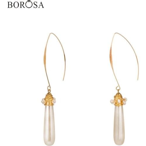Fashion Long Drop White Pearl Earrings Women Gold Wire Wrap Natural Pearl Beads Dangle Earrings Wedding Jewelry WX1683