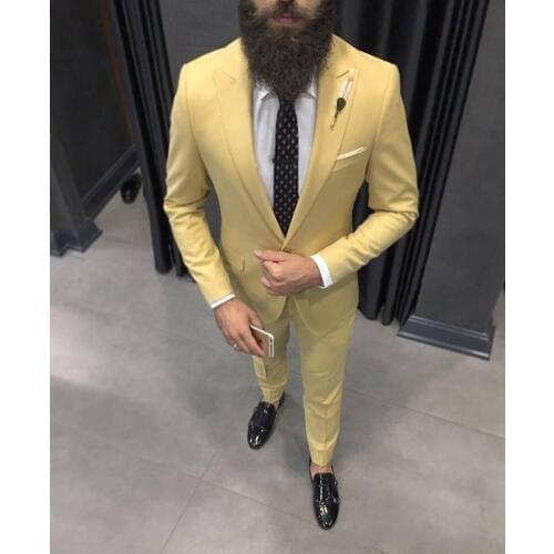 Light Yellow Mens Suits Peaked Lapel One Button Prom Suits Slim Fit Blazer Jacket Men Tuxedos Costume Mariage Homme Coat+Pant