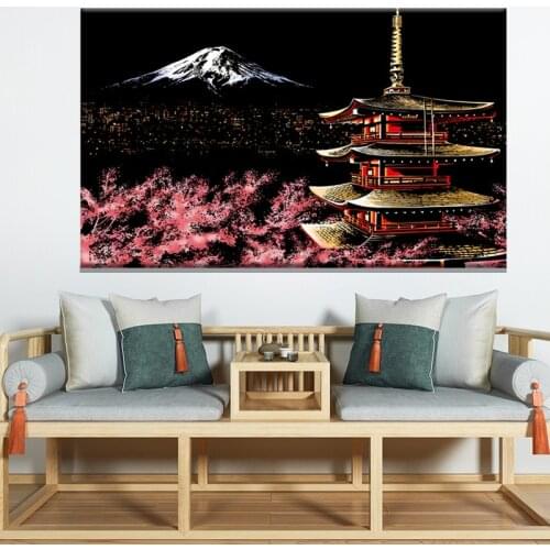 Mount Fuji Night Poster World Map High Quality Canvas Print Type Picture