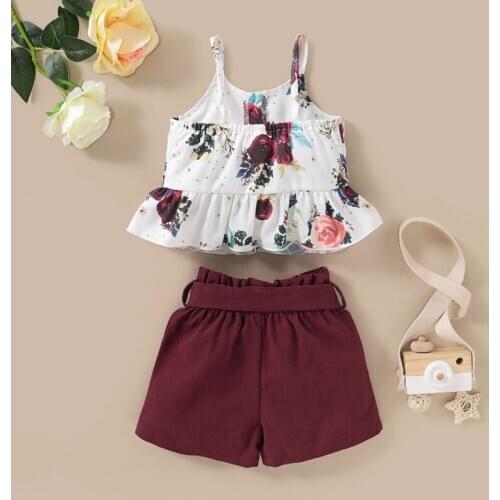 Newborn Toddler Kids Baby Girl Outfit Clothes Sleeveless Sling Strap Button Vest Belt Shorts Tops Set