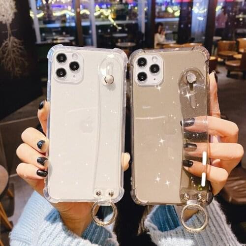 Transparent Glitter Wrist Strap Phone Case For iPhone 11 12 mini Pro Max X XR XS Max 7 8 6 6S Plus SE 2020 Kickstand Cover