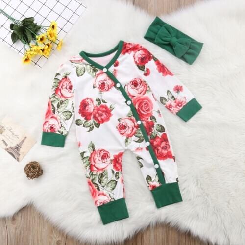 Pudcoco Newborn Baby Girl Clothes Button Floral Cotton Romper Long sleeve Jumpsuit Headband Outfits Baby Clothes