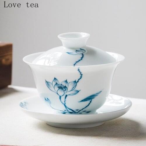 Hand-painted Sancai Covered Bowl Teacup Jingdezhen White Porcelain Independent Blue and White Porcelain Kung Fu Tea Set