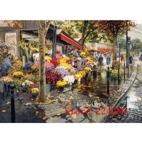 Needlework Flower shop Autumn Street Scenery 14ct Canvas Unprinted Handmade Embroidery Cross Stitch Kits Set DIY Home Decor