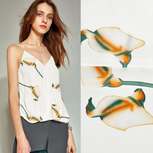 135CM 12MM Calla Lily Print White Silk Crepe de Chine Fabric for Spring Summer Dress Blouse Skirt Shirt Pants JH155