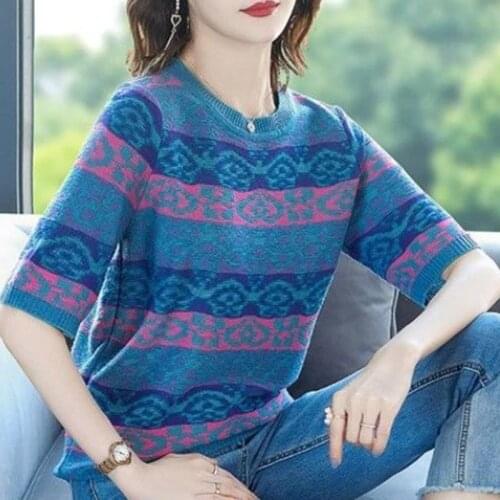 Retro Striped Short-sleeved T-shirt Womens 2021 New Summer Short Ice Silk Sweater Loose Top Bottoming TShirt Plus Size