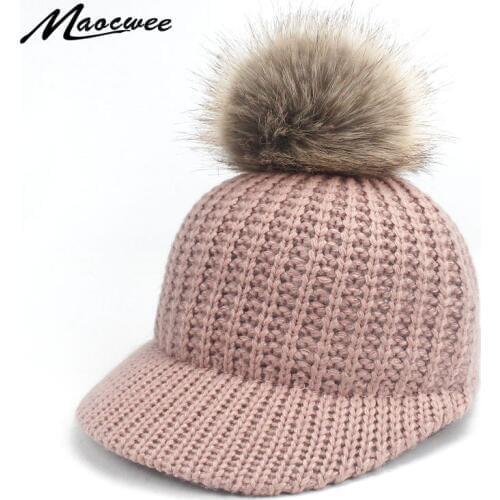 Women Girl Warm Bone Snapback Hat Female Autumn Winter Faux Fur Pom Pom Hats Hip Hop Felt Baseball Cap For Adults and Children