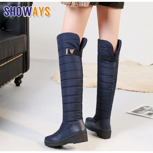 2021 Winter Women Thigh High Snow Boots Blue Waterproof Down Round Toe Wedge Platform Lady Warm Fur Metal Over Knee Riding Boots