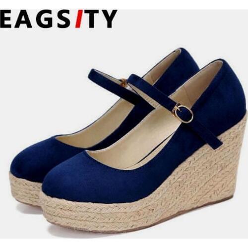 EAGSITY Suede Mary Jane shoes for women wedges espadrilles heel shoes platform ankle strap round toe casual party wedding shoes