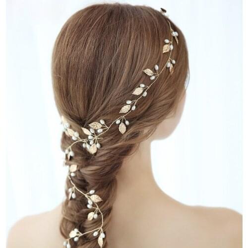 Floralbride Handmade 3 Colors 1M Length Alloy Leaf Pearls Long Bridal Hair Vine Hairband Bridal Headband Women Girl Hair Jewelry