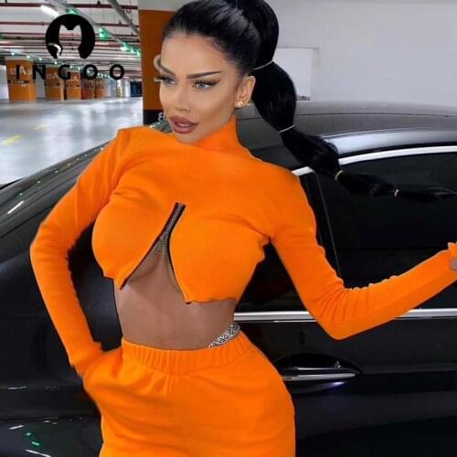 INGOO hot girl Long Sleeve Knit Rib Cropped Top Women Sexy High Neck Chest Zipper Slim Short Tops Autumn Y2k Fashion Streetwear
