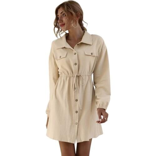 Summer Solid Color Single Breasted Bandage Long Sleeve Turn Down Collar Dress Women Office Streetwear Ladies Elegant Dress