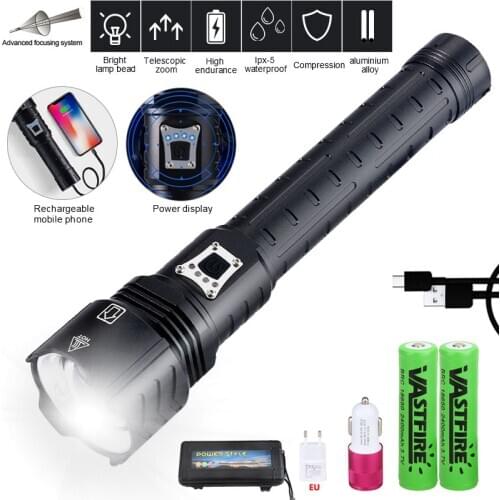5 Modes Powerful 10000lm 500M XHP90/100/120/160 LED Zoomable Flashlight Camping Torch USB/ Car Charger Power Bank 18650 26650