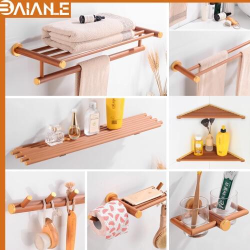 Towel Holder Wood Aluminum Towel Rack Hanging Holder Wall Mounted Robe Hook Bathroom Shelf Organizer Toilet Paper Holder Shelves