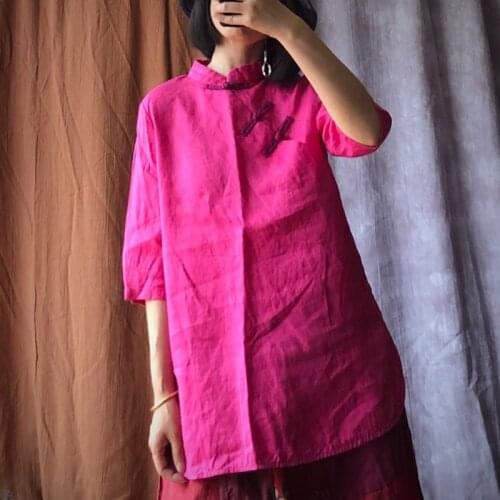 Johnature 2021 Autumn Vintage Linen Tops New O-Neck Three Quarter Sleeve Linen Women Casual Loose Rose Red Casual shirts